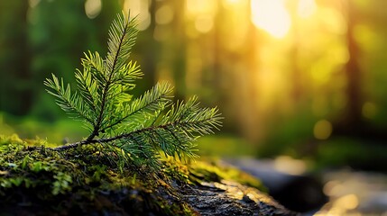 Sunlit Pine Branch on Mossy Log Forest Backdrop.