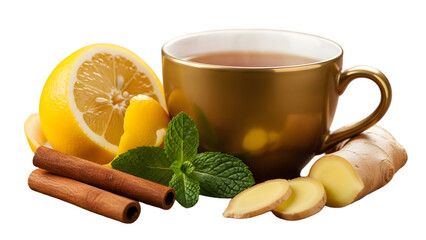 Hot tea with lemon ginger cinnamon and mint isolated on transparent background