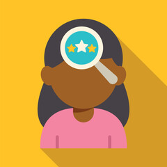 Woman icon holding a magnifying glass with three stars representing customer experience