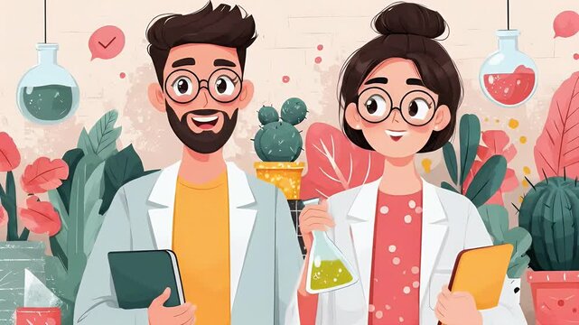 Cheerful Scientists in Lab Coats with Plants and Flasks.