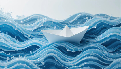 A paper boat sails on blue and white stylized striped waves. 
