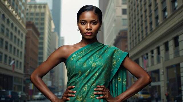 Posing woman model holding hands on hips while camera moving closer on urban street showcasing sari