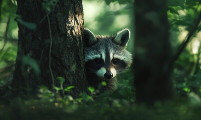 Naklejka premium Adorable raccoon peeking out from behind a tree in a dense forest, soft natural light highlighting its fur and curious expression