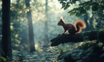 Adorable red squirrel perched on a tree branch, soft diffused light filtering through the forest creating a peaceful and natural wildlife scene