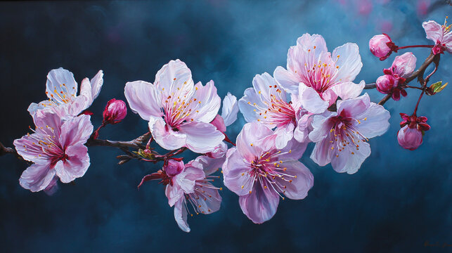 A delicate branch of cherry blossoms with pink petals and small buds blooming against a dark, moody background. The image captures the ephemeral beauty of spring
