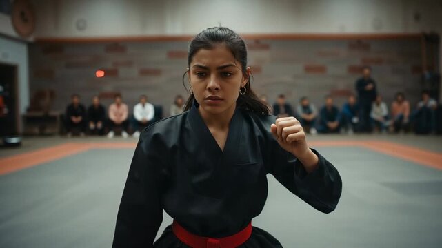 Match starting woman fighter in black gi punching, pulling into guard on mat, red belt, spectators