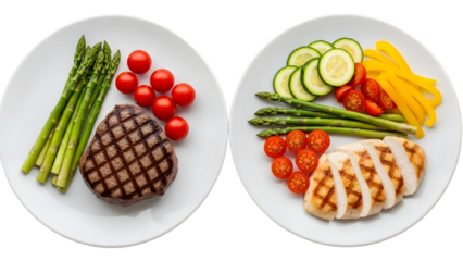 Two plates of healthy food with steak and chicken isolated on transparent background