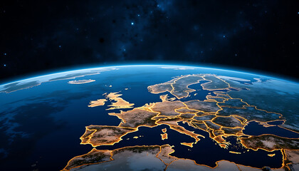 Europe From Space With Glowing Country Borders