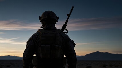 Silhouette of a soldier at dawn