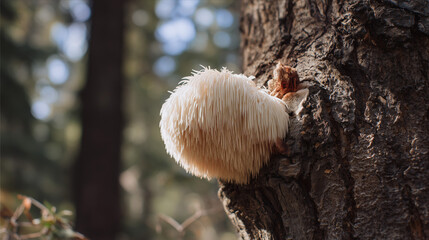 Lion&rsquo;s mane mushroom growing on forest tree.