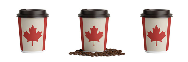 Set For Three coffee cups with the canadian flag design isolated on transparent background 
