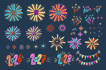 Fototapeta premium Fun hand drawn doodle fireworks, collection of hand drawn elements - vector design
