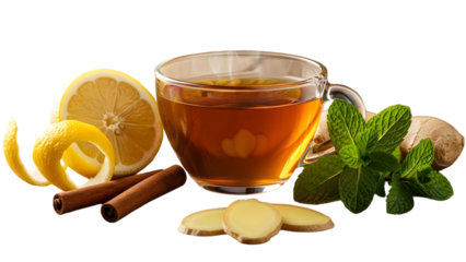 Herbal tea with lemon ginger and mint isolated on transparent background