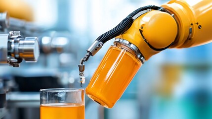 Robotic Arm Precision Filling Glass with Orange Liquid in Automated Process.