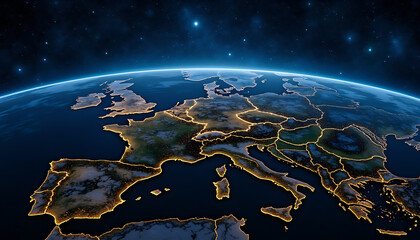 Europe From Space With Glowing Country Borders