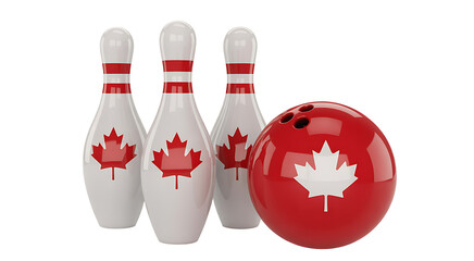 Canadian Bowling Game: A collection of bowling pins and a ball with Canadian flag elements stand ready for the game, embodying a fun sport and patriotic spirit.  