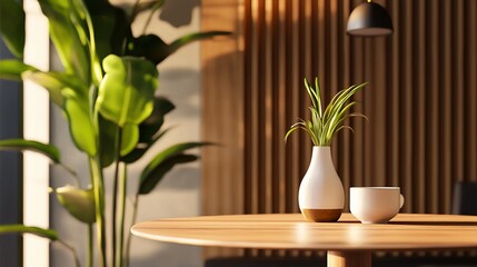Serene Still Life Vase Coffee Cup and Lush Greenery on Wooden Table.