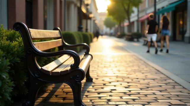 Video A simple outdoor seating area with a wooden bench placed on a worn brick sidewalk
