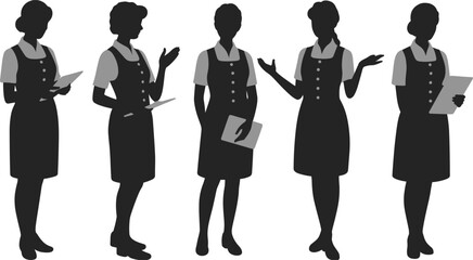 Five female silhouettes in business attire holding documents and gesturing on white background woman