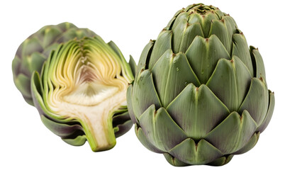 Obraz premium Fresh artichoke and half artichoke isolated on transparent background