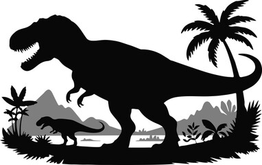 dinosaur prehistoric scene adult and juvenile vector illustration