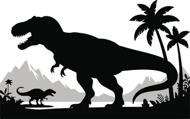 dinosaur silhouette scene with palms mountains and vegetation © AIcon Star