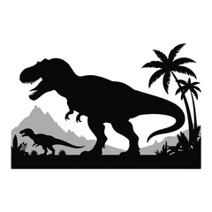 dinosaur trex parent and juvenile silhouette with palm trees © AIcon Star
