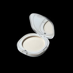 Open compact white setting powder with clear lid and mirror
