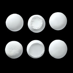Six white spheres showing different textures and cross sections against