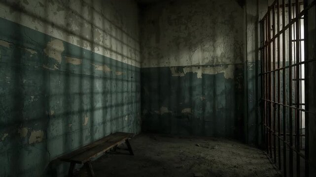 Shifting light sliding through opening, casting grid shadows across walls and bench, marking time