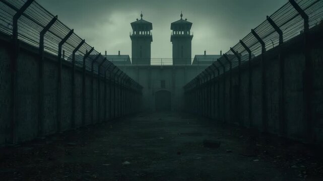 Camera watching, framing narrow corridor toward arched gate under twin towers, walls and fence