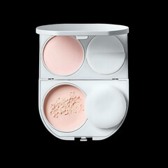 White compact makeup powder case open showing pressed and loose cosmetic product