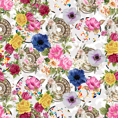 Rose pattern with circles, colored print on fabric 