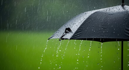 Black umbrella with water drops falling from its edge against a green backdrop during rainfall. Perfect for weather concepts, protection themes, or seasonal content about rainy days.