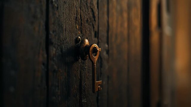 Holding steady camera focusing brass skeleton key in keyhole in warm hallway emphasizing patina