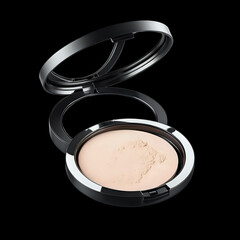 Black compact case open revealing light beige pressed face powder product
