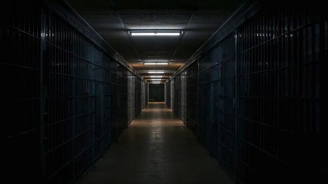 Showing center cellblock corridor staying still in prison with no activity and metal barred doors