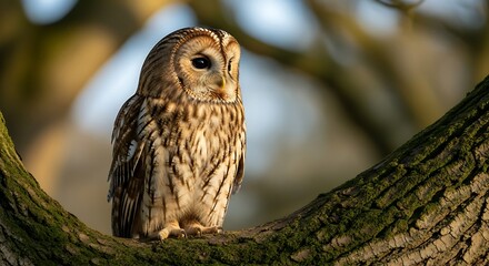Tawny Owl Perched on Branch.