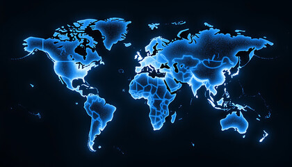 Glowing Blue Digital World Map on Dark Background