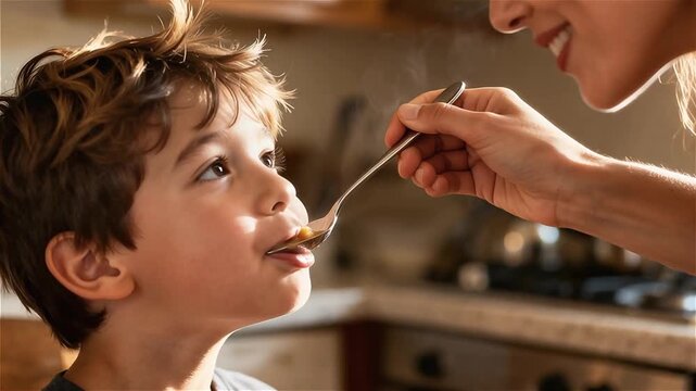 Niño  abriendo boca mientras mamá lleva cuchara de comida a su boca
