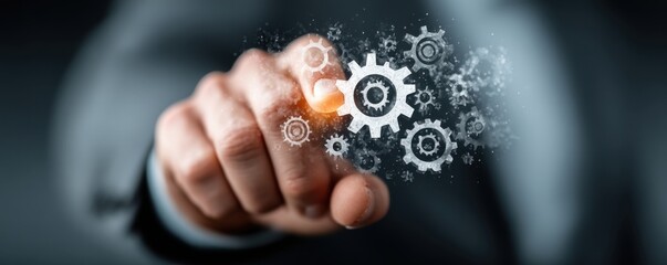 Businessman points at floating gears and spark effects representing digital innovation and technology