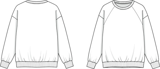 Sweatshirt CAD template, technical flat sketch with rib cuffs and hem, raglan sleeve front view, garment design vector illustration for fashion © Nilufa Creative