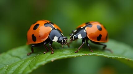 Fototapeta premium two ladybugs on a green leaf