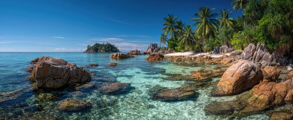 Obraz premium Panoramic view of a tropical paradise with crystal clear water, sandy beach, and lush greenery