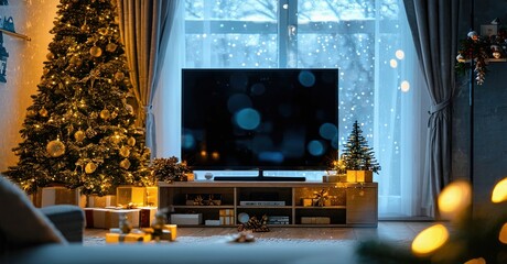 Cozy living room scene. Christmas tree, gifts, television visible. Warm lights create festive atmosphere. Winter outside window.