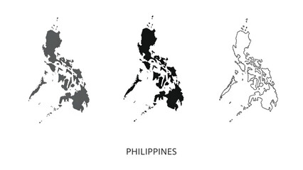 A detailed vector set of the Philippines map presented in three versatile styles: solid gray, solid black, and a clean line-art outline. This archipelago map features accurate coastal borders.