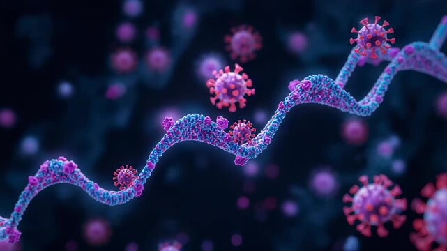 Sliding camera revealing helical RNA strand oscillating in fluid, showing spike protein docking