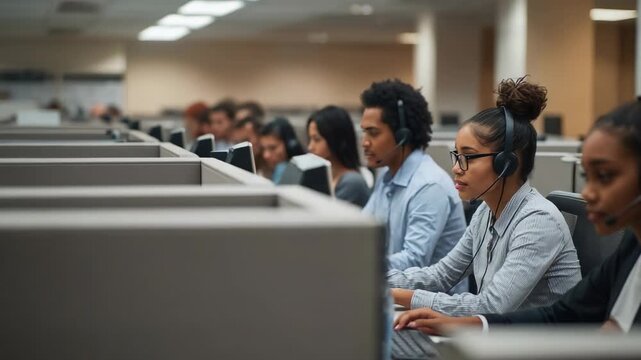 Typing agent in buttoned shirt, glasses, speaking into headset at call center, camera pulling back