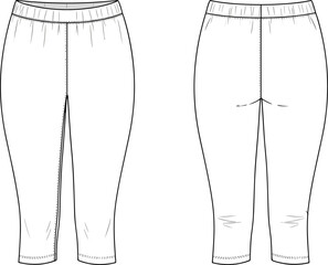 Capri leggings technical fashion sketch showcasing front and back views, elastic waistband details, flat vector apparel CAD drawing illustration for designers