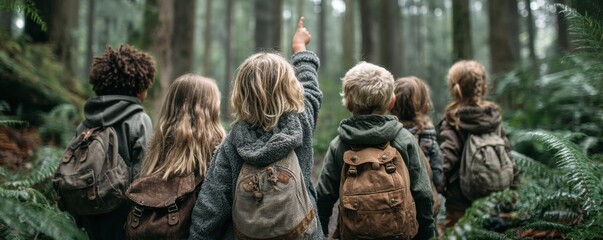 Group of children with backpacks on an adventure through the forest, exploring together